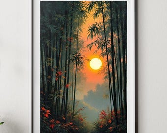 Bamboo Forest Print, Japanese Art, Japandi Zen Wall Art, Autumn Forest, Bamboo Trees, Kyoto Art, Unframed Nature Art, Minimalist Sunset