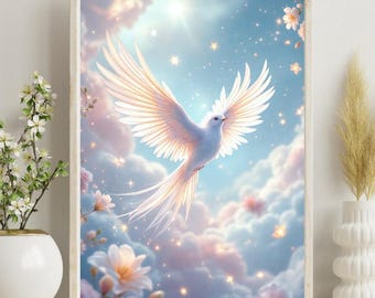 White Dove, Bird Wall Art, White Dove Print, Celestial Wall Decor, Spiritual Wall Art, Aesthetic Wall Art, Peaceful Wall Art, Dove Wall Art