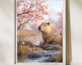 Capybara, Capybara Wall Art, Capybara Art, Capybara Gifts, Cherry Blossom Capybara Print, Quirky Wall Art, Animal Wall Art, Capybara Lover