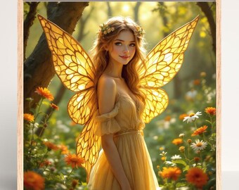 Woodland Fairy Wall Art Print: Fairycore Decor, Enchanted Forest Golden Wings Print, Whimsical Fairy Wall Art, Whimsigoth Decor