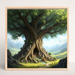 May include: A framed print depicts a fantasy landscape with a massive tree at the center, its roots forming a village. The artwork features a vibrant green canopy, a winding path, and rolling hills under a blue sky.