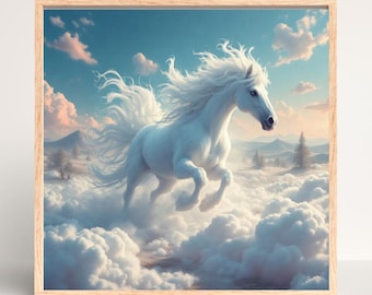 White Stallions in Clouds: White Horse Wall Art, White Horses Canvas Print, Farmhouse Canvas Wall Decor