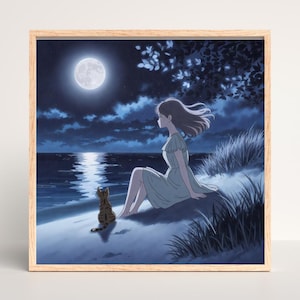 May include: A framed print showing a tranquil night scene. A woman in a light green dress sits on a sandy shore, looking at the full moon reflected in the water. A tabby cat sits beside her. The sky is a deep blue with clouds.