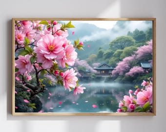 Japanese Sakura Tree Landscape Canvas: Cherry Blossom Wall Art, Asian Decor for Tranquil Home