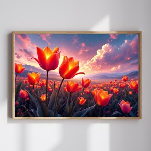 Glowing Tulip Wall Decor, Tulip Print, Modern Flower Art, Botanical Wall Art, Spring Wall Art, Red Orange Tulip Meadow Art, Maximalist Art