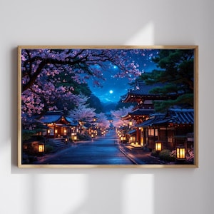 Japanese Night Art Print, Modern Asian Anime, Sakura Moon Night Scenery, Japanese Cherry Blossoms, Full Moon, Studio Ghibli, Above Bed Art