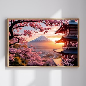 Mount Fuji Wall Art, Japanese Cherry Blossoms, Pagoda Wall Art, Japanese Wall Art, Mt Fuji Canvas, Sakura Print, Japandi Art, Asian Wall Art