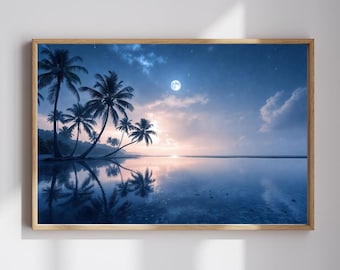 Moon Over Ocean Canvas Wall Art Print, Night Ocean Wall Art, Dark Starry Night Seascape Print, Dark Nautical, Mens Bedroom, Moonlit Beach