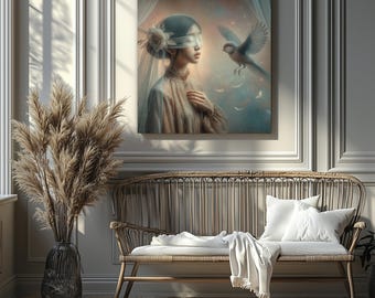 Blindfolded Girl with Bird – Ethereal Fantasy Canvas Art (Canvas Print Only/No Frame)
