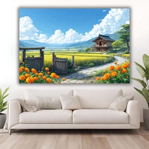 May include: A canvas print depicting a serene Japanese landscape. The artwork features a traditional house, a stone path, and vibrant orange flowers. The scene is set against a backdrop of golden fields, rolling hills, and a bright blue sky with fluffy white clouds.