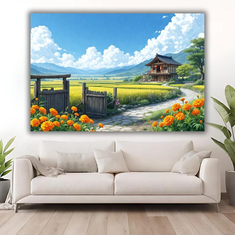 May include: A canvas print depicting a serene Japanese landscape. The artwork features a traditional house, a stone path, and vibrant orange flowers. The scene is set against a backdrop of golden fields, rolling hills, and a bright blue sky with fluffy white clouds.