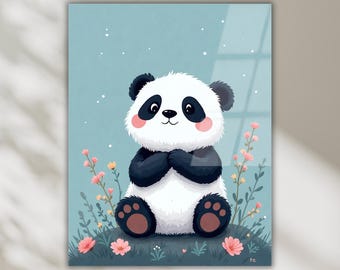 Baby Panda Tempered Glass Wall Art, Kawaii Animal Kids Room Decor