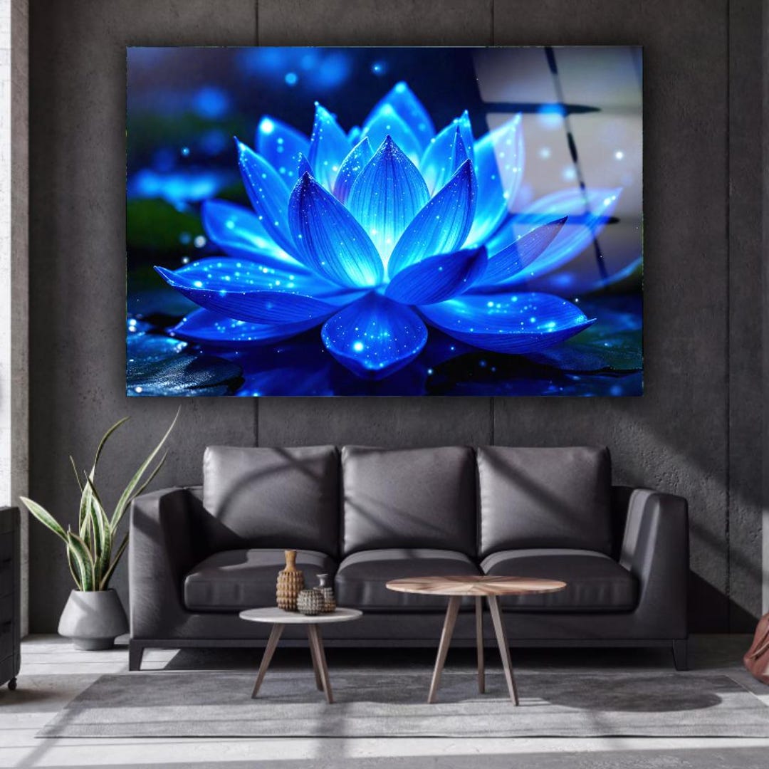 Iridescent Blue Lotus Tempered Glass Wall Art: Modern Floral Decor ...