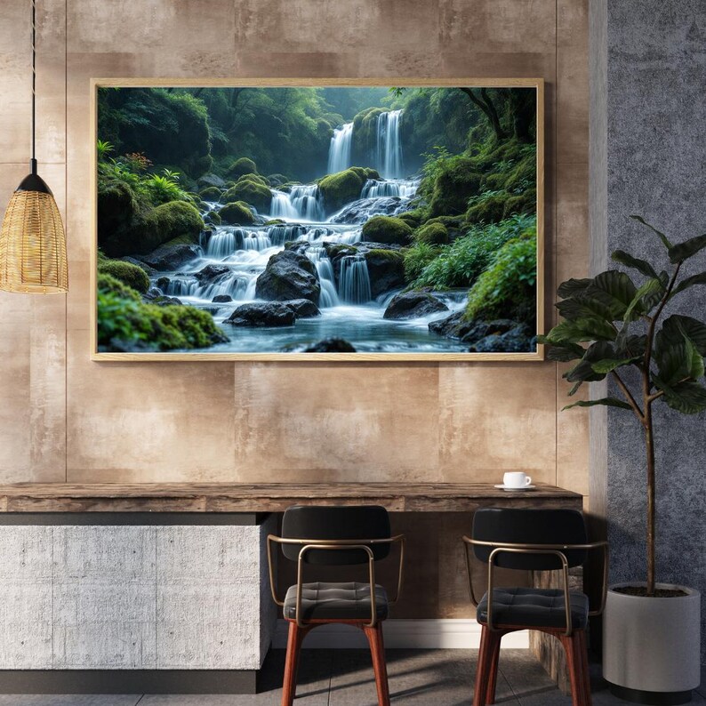 May include: A framed print depicting a waterfall flowing over mossy rocks, surrounded by green foliage. The artwork hangs above a wooden desk with two chairs. The print is a scenic landscape.