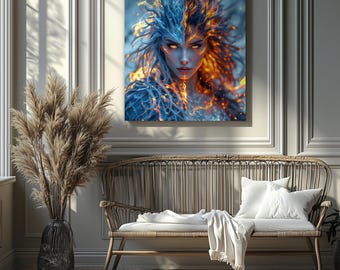 Elemental Flame and Frost – Fierce Fantasy Portrait Canvas Art (Canvas Print Only/No Frame)