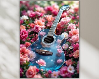 Floral Acoustic Guitar Decor, Vibrant Flower Guitar Tempered Glass Wall art, Music Lover Gift