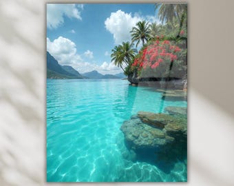 Tropical Beach Tempered Glass Wall Art, Coastal Paradise Photography, Beach House Decor