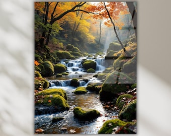Autumn Forest Stream Tempered Glass Wall Art, Fall Color Leaves, Peaceful Nature