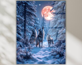 Howling Wolves Tempered Glass Wall Art, Snowy Fores, Winter Nature Decor, Rustic Cabin Artwork
