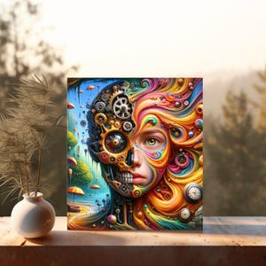 May include: A square canvas print featuring a surreal portrait. One half of the face is a skull made of gears and clock parts, the other half is a colorful, vibrant human face with flowing hair. The background shows a beach scene.