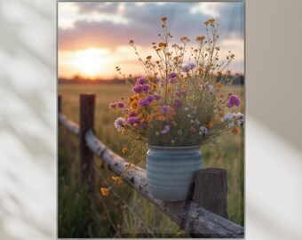 Prairie Wildflower Wall Art, Rustic Farmhouse Floral Print, Country Cottage Nature Artwork (Tempered Glass)