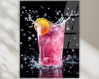 Pink Drink Tempered Glass Wall Art, Refreshing beverage Splash Print