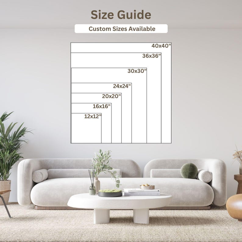Peut inclure: Un guide des tailles avec le texte "Size Guide" et "Custom Sizes Available". Le guide affiche diff&eacute;rentes dimensions carr&eacute;es : 30.5x30.5cm, 40.6x40.6cm, 50.8x50.8cm, 61x61cm, 76.2x76.2cm, 91.4x91.4cm et 101.6x101.6cm. L'image est affich&eacute;e au-dessus d'un salon moderne.