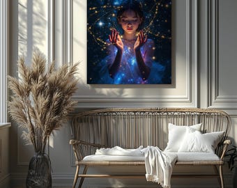 Girl Weaving Golden Star Threads – Dreamy Night Sky Canvas Art (Canvas Print Only/No Frame)