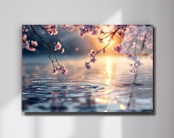 Cherry Blossoms Reflected in Water Tempered Glass Wall Art, Sunset Landscape, Serene Nature Decor