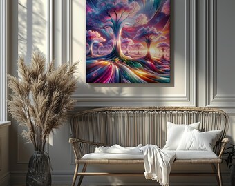 Rainbow Dreamscape Trees – Fantasy Canvas Wall Art (Canvas Print Only/No Frame)