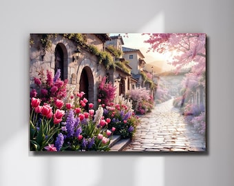 European Village Street Tempered Glass Wall Art, Spring Floral Landscape Art Decor