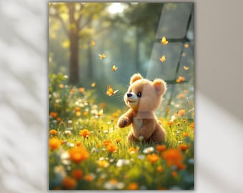 Teddy Bear Tempered Glass Wall Art, Butterflies and Flowers Nursery Decor, Kids Room Decor