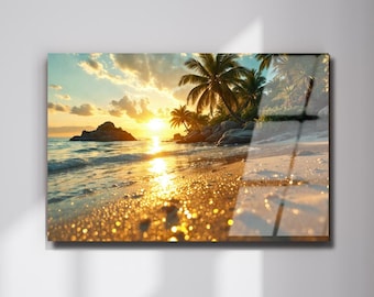 Tropical Beach Sunset Tempered Glass Wall Art, Coastal Ocean Landscape Decor
