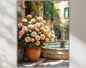 Peach Garden Roses Tempered Glass Wall Art, Floral Glass Print, Romantic Flower Decor