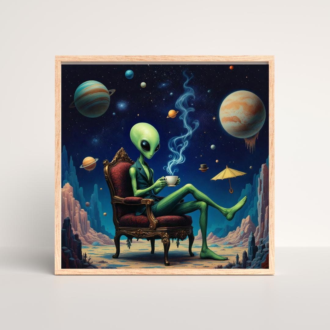 Alien Art Print: Funny Retro Wall Art, Alien Tea Party, Steampunk Sci ...