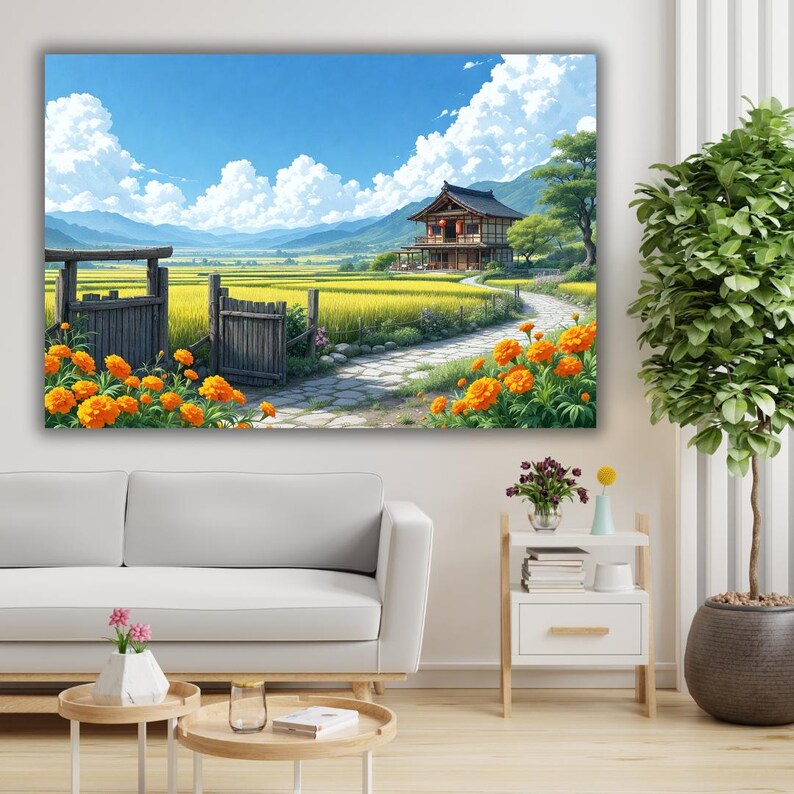 May include: A vibrant landscape painting depicts a traditional Japanese house with a tiled roof, set amidst a golden rice field. A stone path leads to the house, lined with orange flowers. The sky is a bright blue with fluffy white clouds.