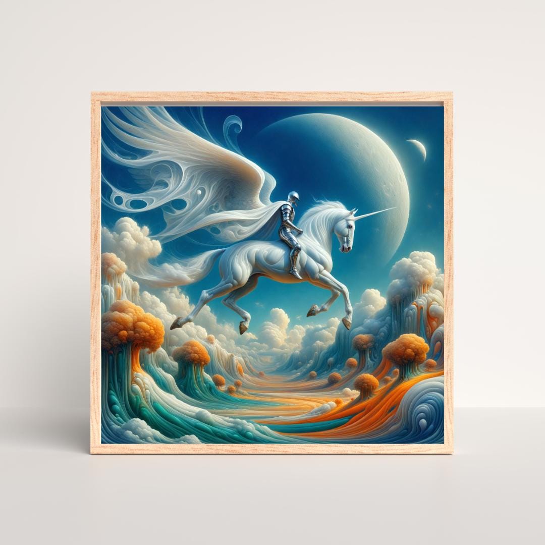 Unicorn Art Print: Surreal Fantasy Wall Art, Knight Riding Unicorn ...