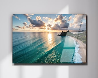 Tropical Beach Sunset Tempered Glass Wall Art, Ocean View Artwork
