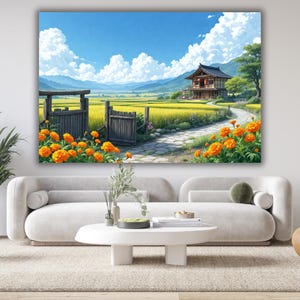 May include: A large canvas print of a Japanese landscape. The artwork depicts a traditional house with a dark roof, set against a backdrop of rolling hills and a bright blue sky dotted with fluffy white clouds. A path leads through a field of golden crops, lined with vibrant orange flowers.
