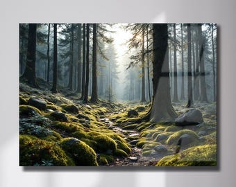 Misty Forest Wall Art, Sunlit Mossy Path, Nature Photography Print (Tempered Glass)