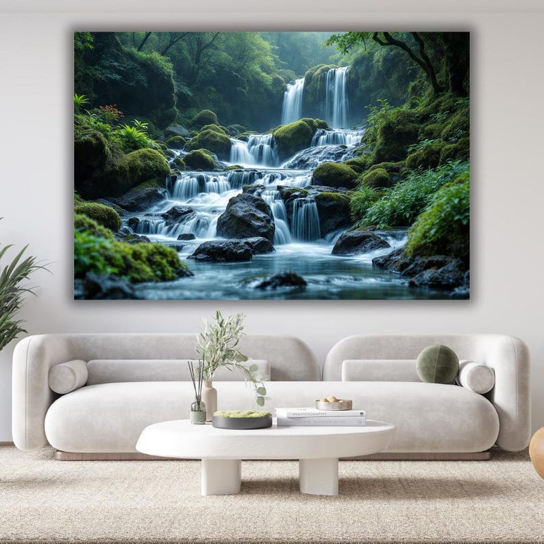 May include: A large canvas print depicting a waterfall in a verdant forest. The water cascades over dark rocks, surrounded by moss and greenery. The artwork is displayed above a modern, light-coloured sofa.