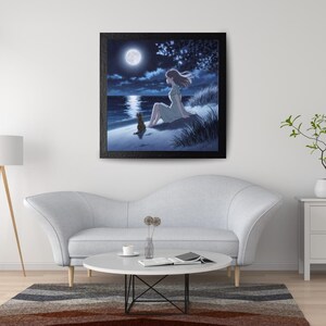 May include: Framed art print showing a tranquil night scene. A woman and a cat are seated by the water, observing the full moon. The artwork features a dark blue sky, water, and a sandy shore, creating a peaceful atmosphere.