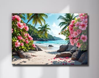 Peut inclure: Une impression murale rectangulaire représentant une plage tropicale avec des fleurs d'hibiscus roses au premier plan, de gros rochers gris, des palmiers verts, du sable blanc et une mer turquoise sous un ciel bleu nuageux.