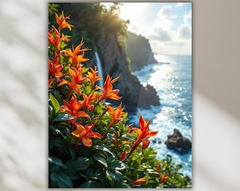 Coastal Wildflowers Tempered Glass Wall Art, Waterfall Cliff Landscape Decor