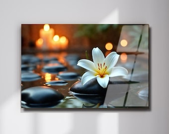 White Lily Tempered Glass Wall Art, Modern Spa Bedroom Decor