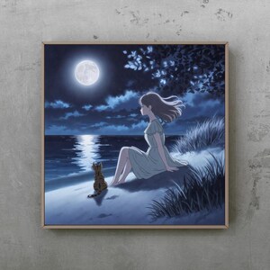 May include: A framed print showing a tranquil night scene. A person in a light green dress sits on a sandy shore, looking at the moonlit sea. A tabby cat sits close by. The sky is dark blue with clouds, and the full moon shines brightly.