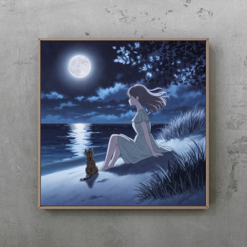 May include: A framed print showing a tranquil night scene. A person in a light green dress sits on a sandy shore, looking at the moonlit sea. A tabby cat sits close by. The sky is dark blue with clouds, and the full moon shines brightly.