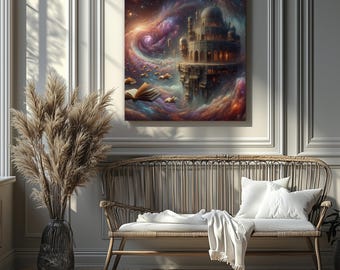 Galactic Library – Floating Castle in Space Fantasy Art (Canvas Print Only/No Frame)