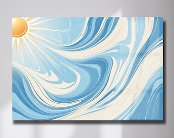 Abstract Blue Waves Sun Print, Coastal Beach House Decor (Tempered Glass)