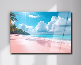 Pink Sand Beach Tempered Glass Wall Art, Tropical Coastal Landscape Decor